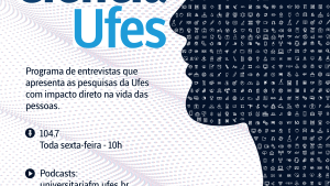 Logomarca do programa Ciência Ufes. A silhueta do perfil de uma cabeça em azul e, dentro da imagem, miniaturas que simbolizam várias áreas do conhecimento