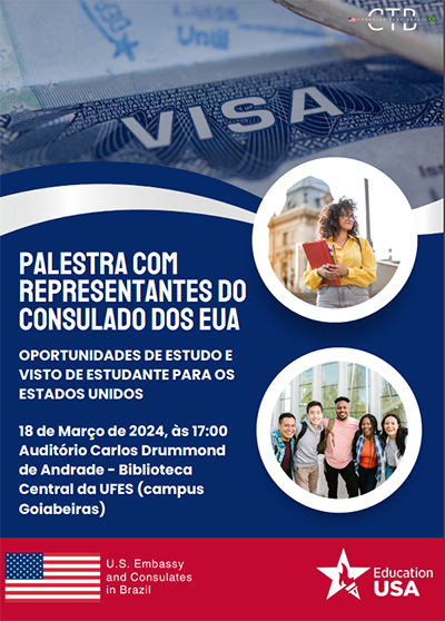 cartaz azul e vermelho com imagens de estudantes em dois círculos e o texto: palestra com representante do Consulado dos EUA