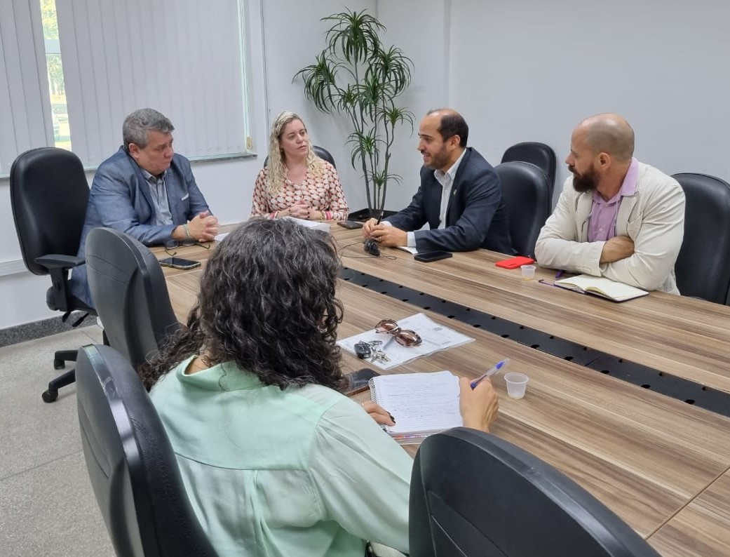 Foto da reunião, onde todos estão sentados em torno da mesa