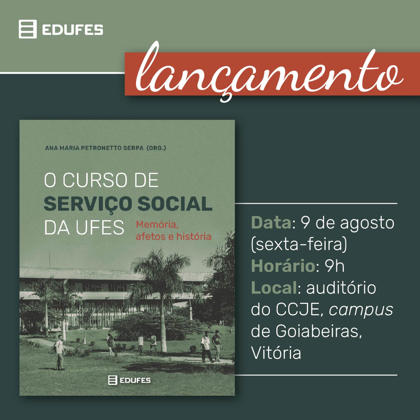 Foto da capa do livro, com informações sobre data, hora e local do lançamento