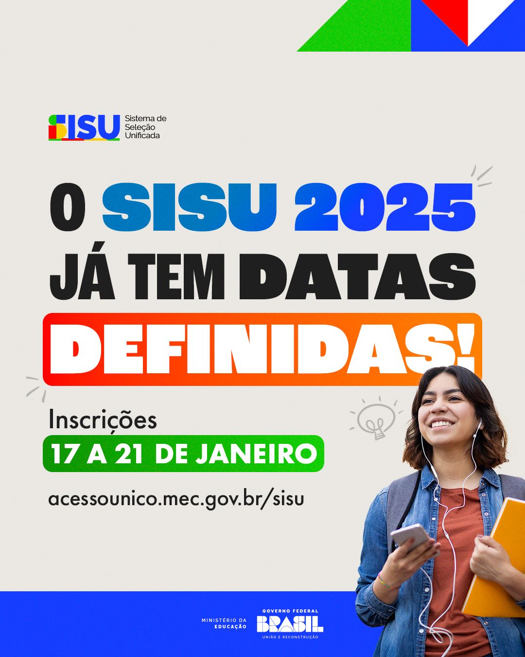 Cartaz de divulgação do Sisu 2025 com destaque para o período de inscrições