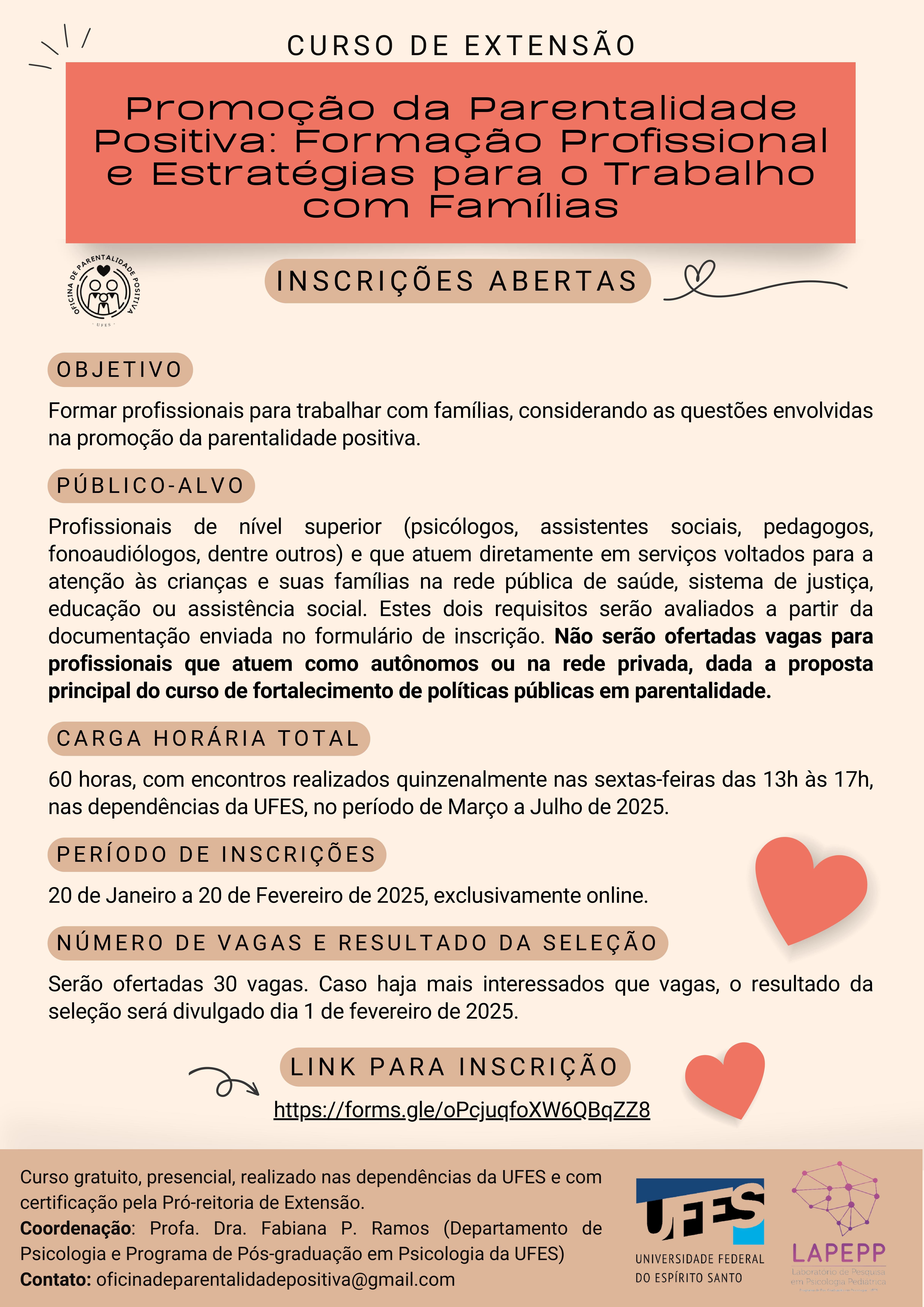 Cartaz do curso de extensão Promoção Da Parentalidade Positiva: Formação Profissional e Estratégias para o Trabalho com Famílias