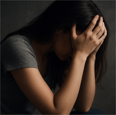 Foto de mulher branca de lado, com cabelos lisos e pretos, com as mãos na altura da testa, tampando o rosto
