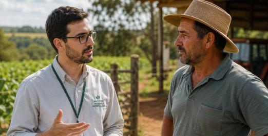 Imagem de um pesquisador conversando com um produtor rural