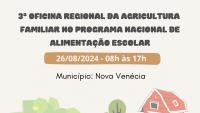 Cartaz de divulgação com informações sobre o evento. O cartaz tem um desenho de uma casa no campo, com um senhor carregando uma cesta de frutos e uma mulher agricultora com uma pá na mão.