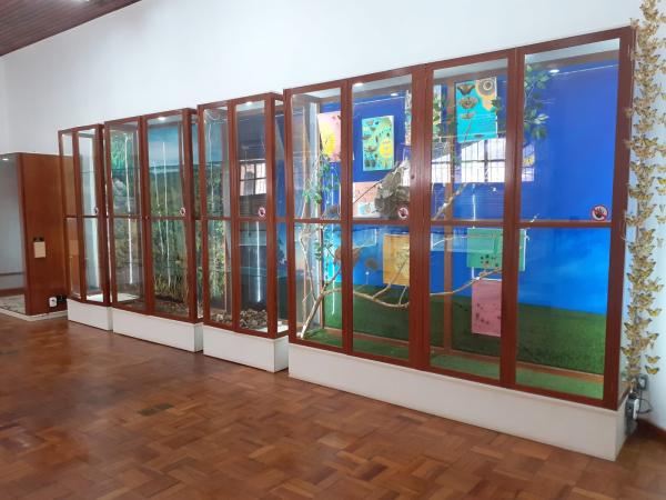 Imagem de uma das salas do Museu, onde fica um armário com portas transparentes