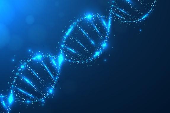 Imagem de uma cadeia de DNA em fundo azul