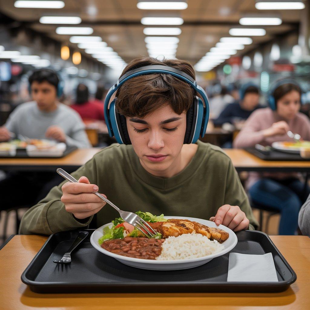 Imagem de um jovem almoçando em um self-service, usando um abafador de ruídos