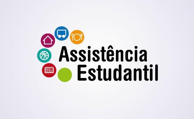 Cartaz com a inscrição Assistência Estudantil e ícones que representam moradia, transporte, alimentação e outros