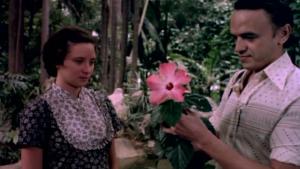 A imagem mostra uma cena do filme A Hora da Estrela na qual o personagem Olímpio entrega uma flor a Macabéa.. 