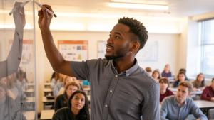 imagem de um professor negro dando aula de frente para uma turma